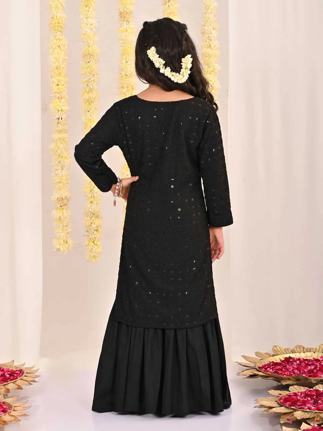 Girl's' Black Embellished Kurta Palazzo Set - Image 3