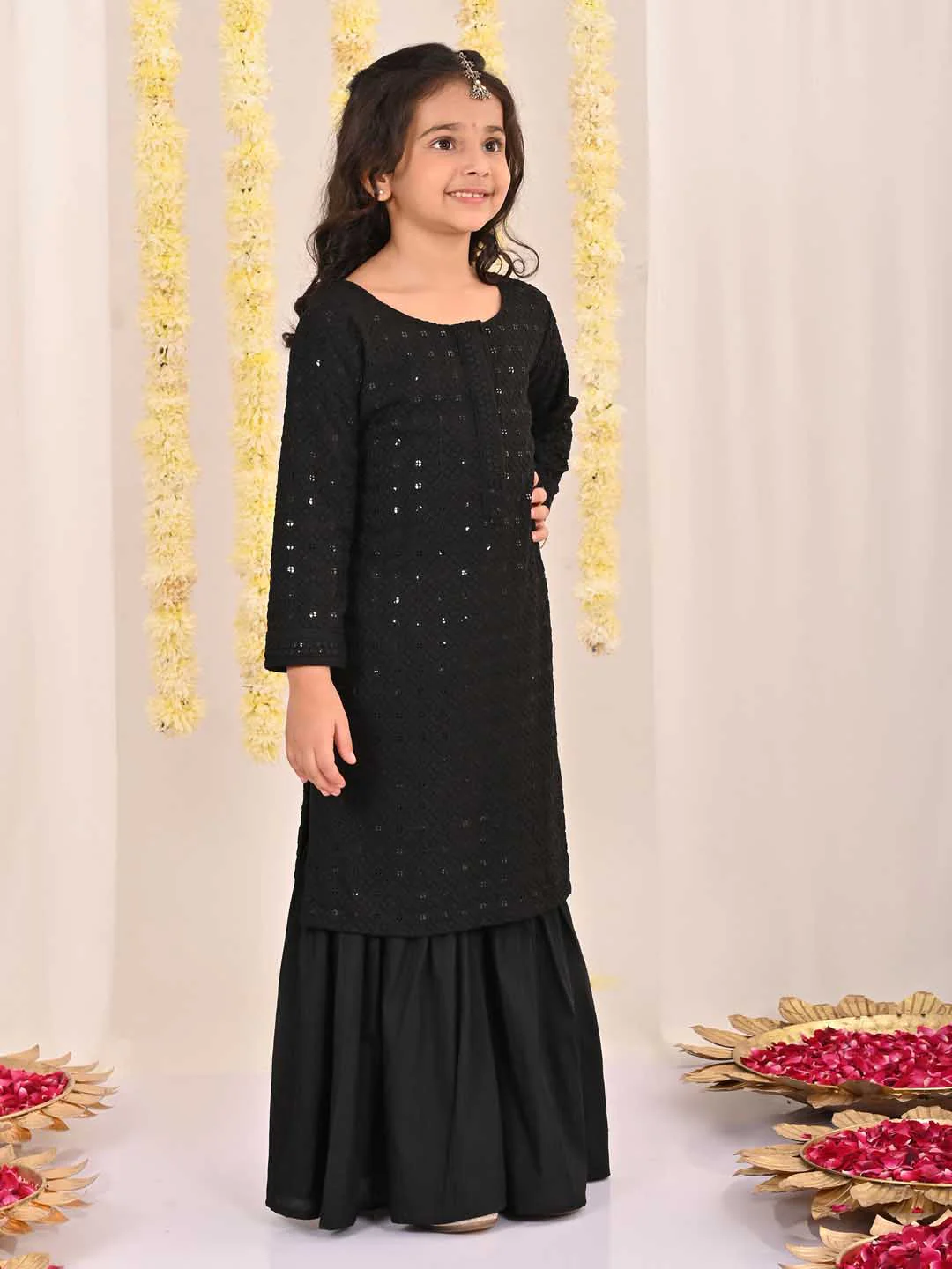 Girl's' Black Embellished Kurta Palazzo Set - Image 6