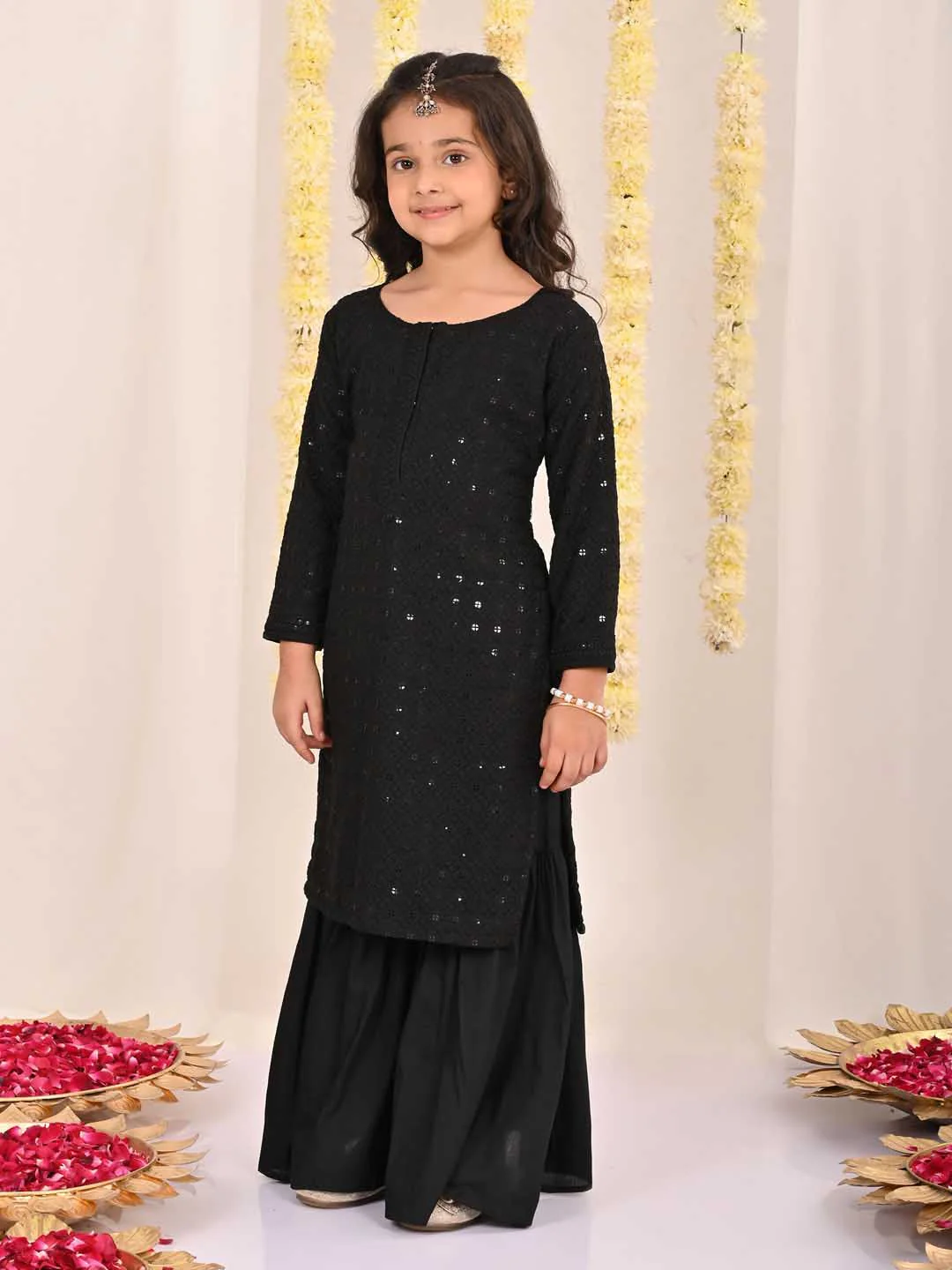 Girl's' Black Embellished Kurta Palazzo Set - Image 7