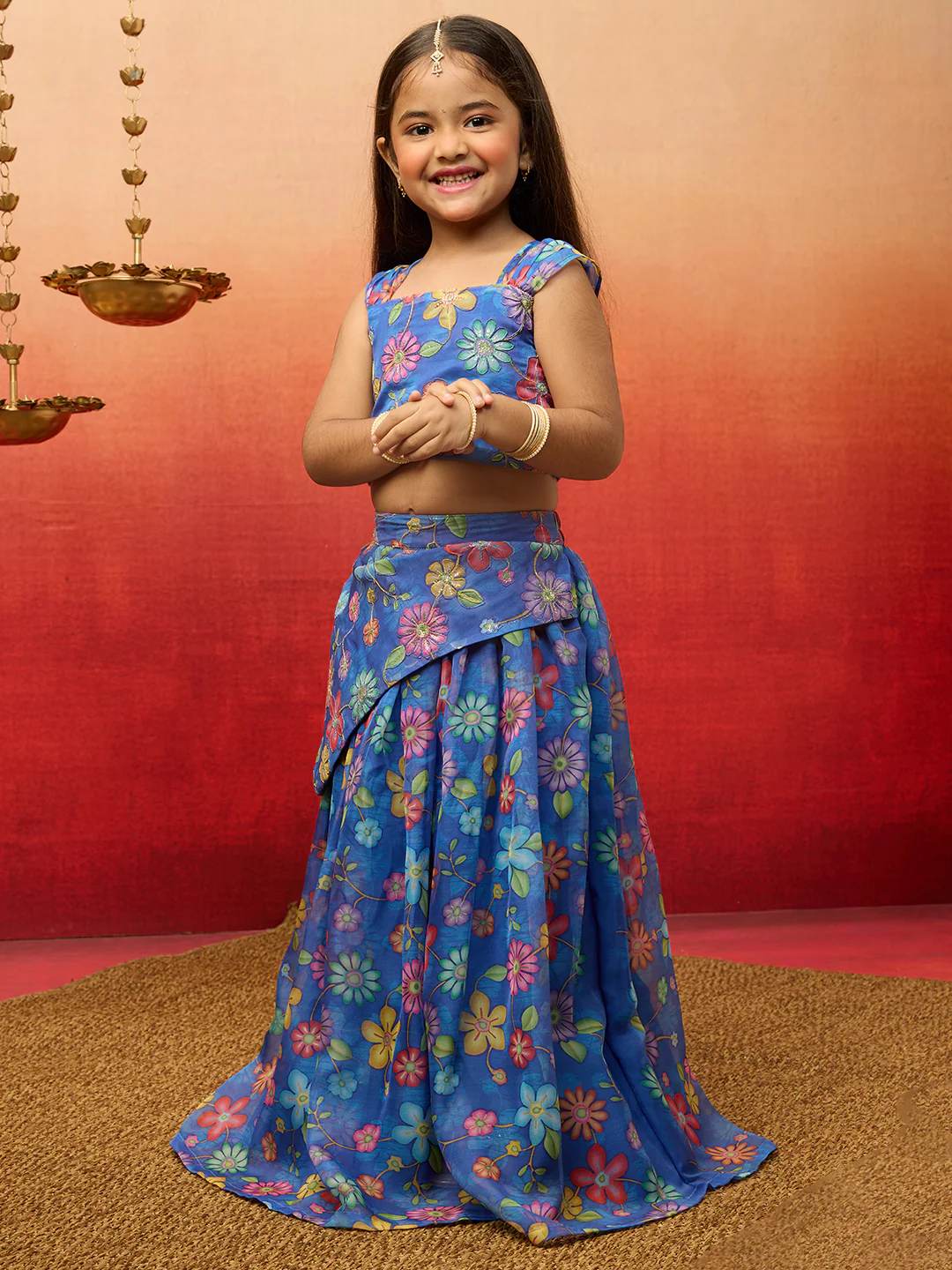 Vastramay Girls Blue Organza Lehenga Set - Image 4
