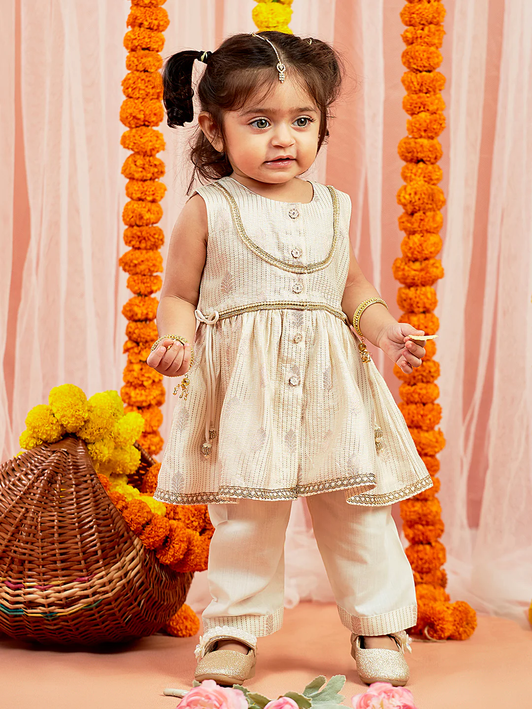 Girl's' Cream Kurta Pant Set - Image 3