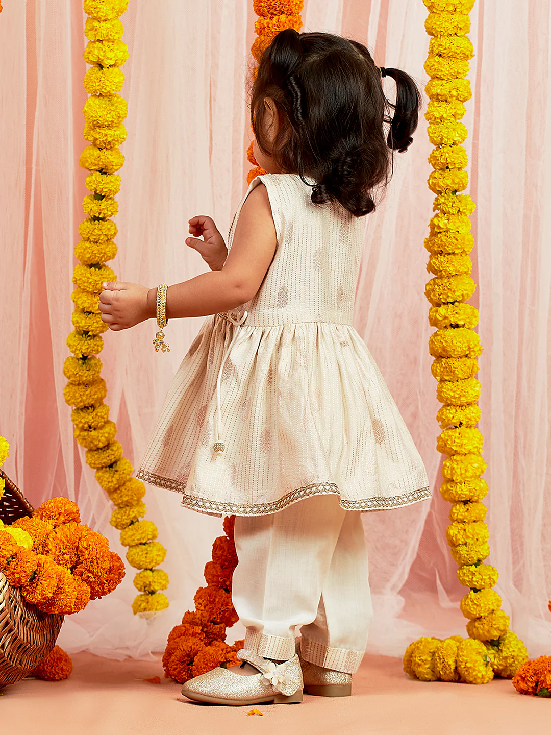 Girl's' Cream Kurta Pant Set - Image 5