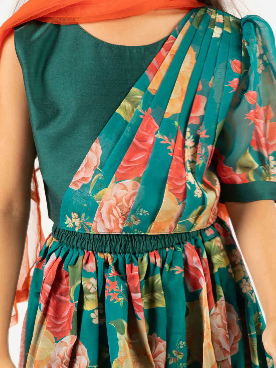 Girl's'  Green Printed Organza Lehenga With Dupatta Set - Image 3
