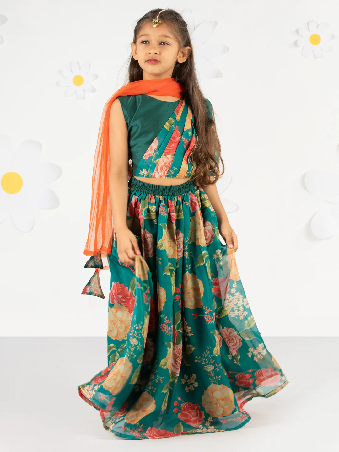 Girl's'  Green Printed Organza Lehenga With Dupatta Set - Image 4