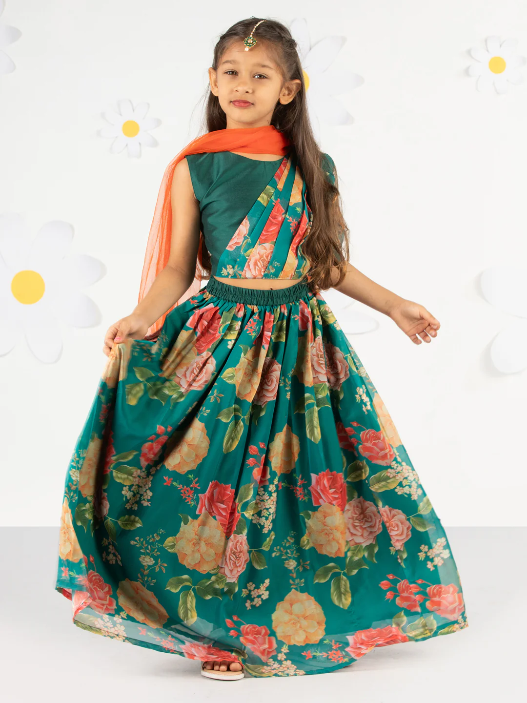 Girl's'  Green Printed Organza Lehenga With Dupatta Set - Image 5