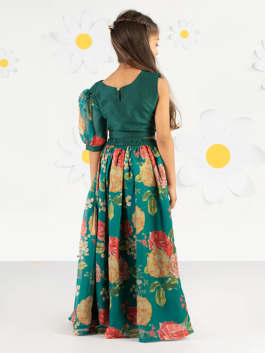 Girl's'  Green Printed Organza Lehenga With Dupatta Set - Image 6