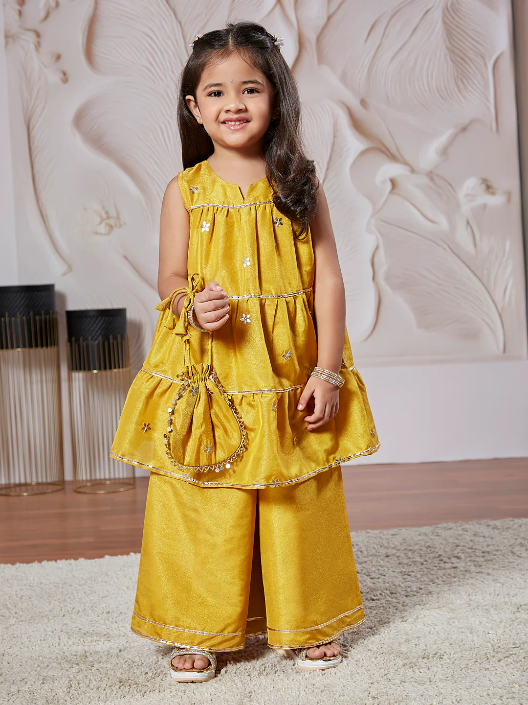 Girl's' Mustard Kurta Palazzo Set With Potli - Image 2