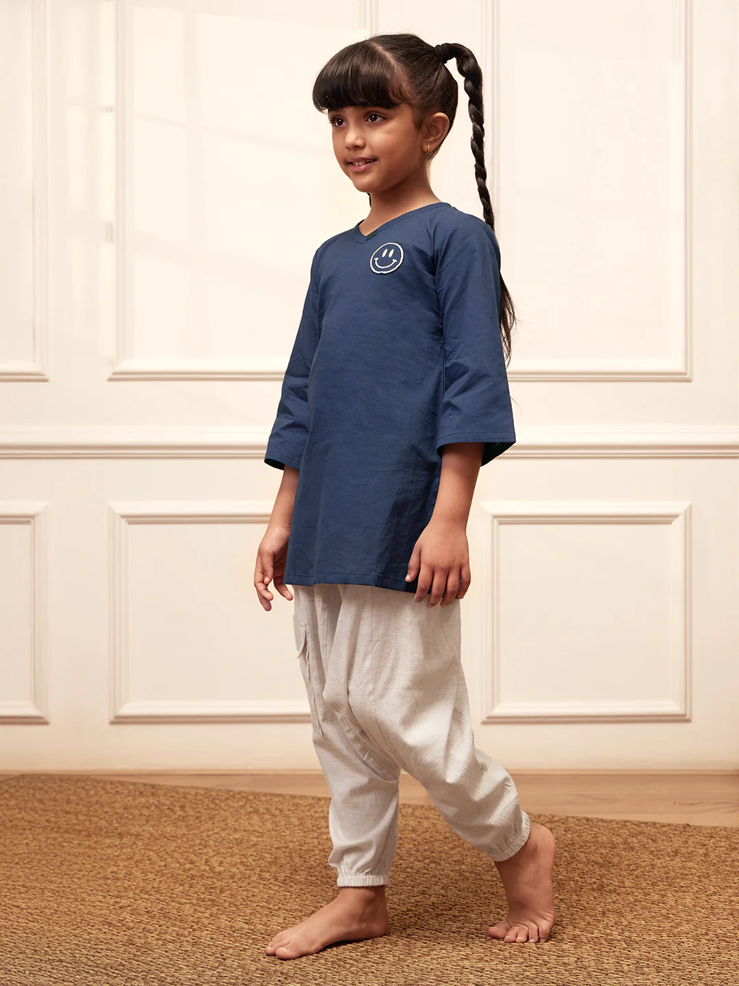 Girl's Navy Blue Embroidered Cotton Yoga Kurta With White Harem Pants - Image 4