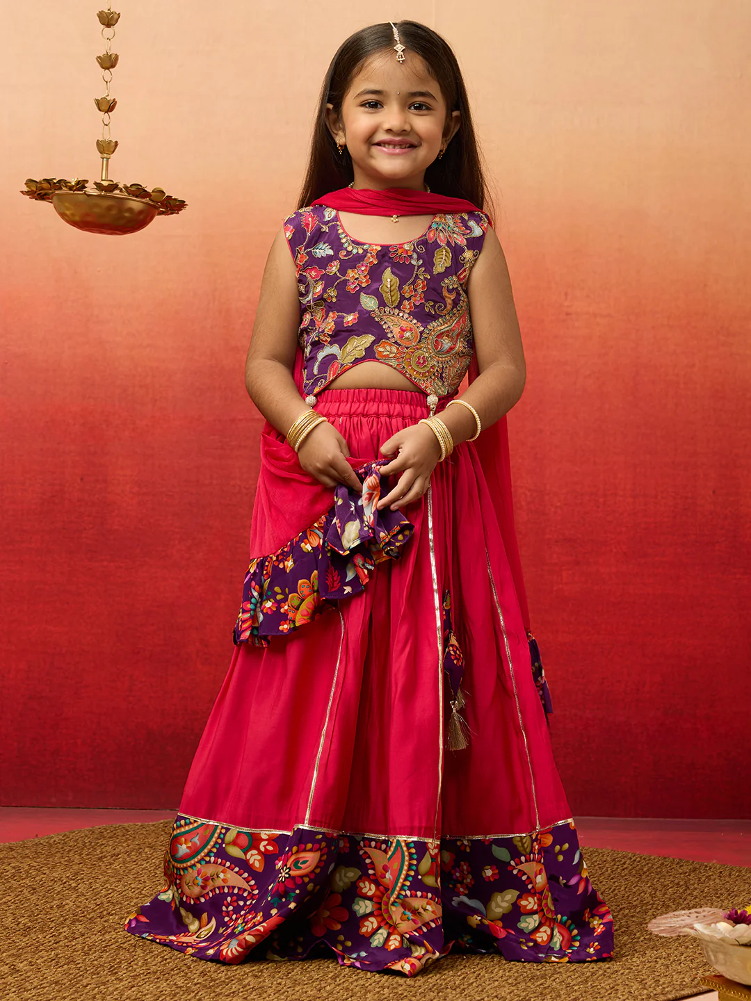 Vastramay Girls' Purple Crepe Lehenga Set with Paisley Embroidery - Image 3