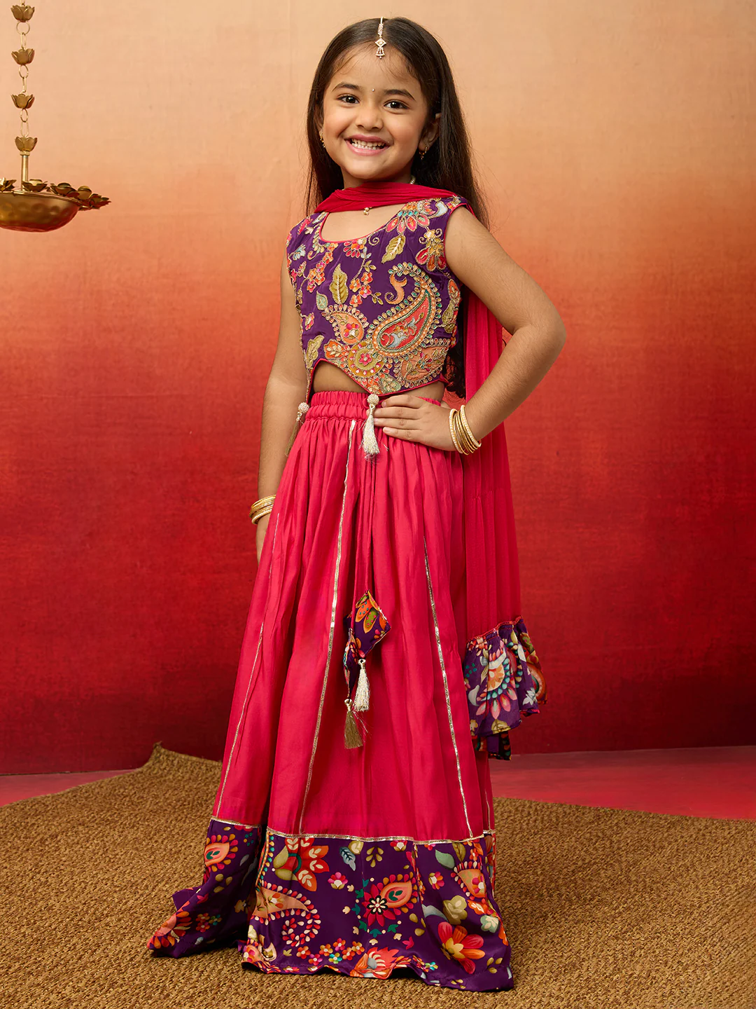 Vastramay Girls' Purple Crepe Lehenga Set with Paisley Embroidery - Image 5