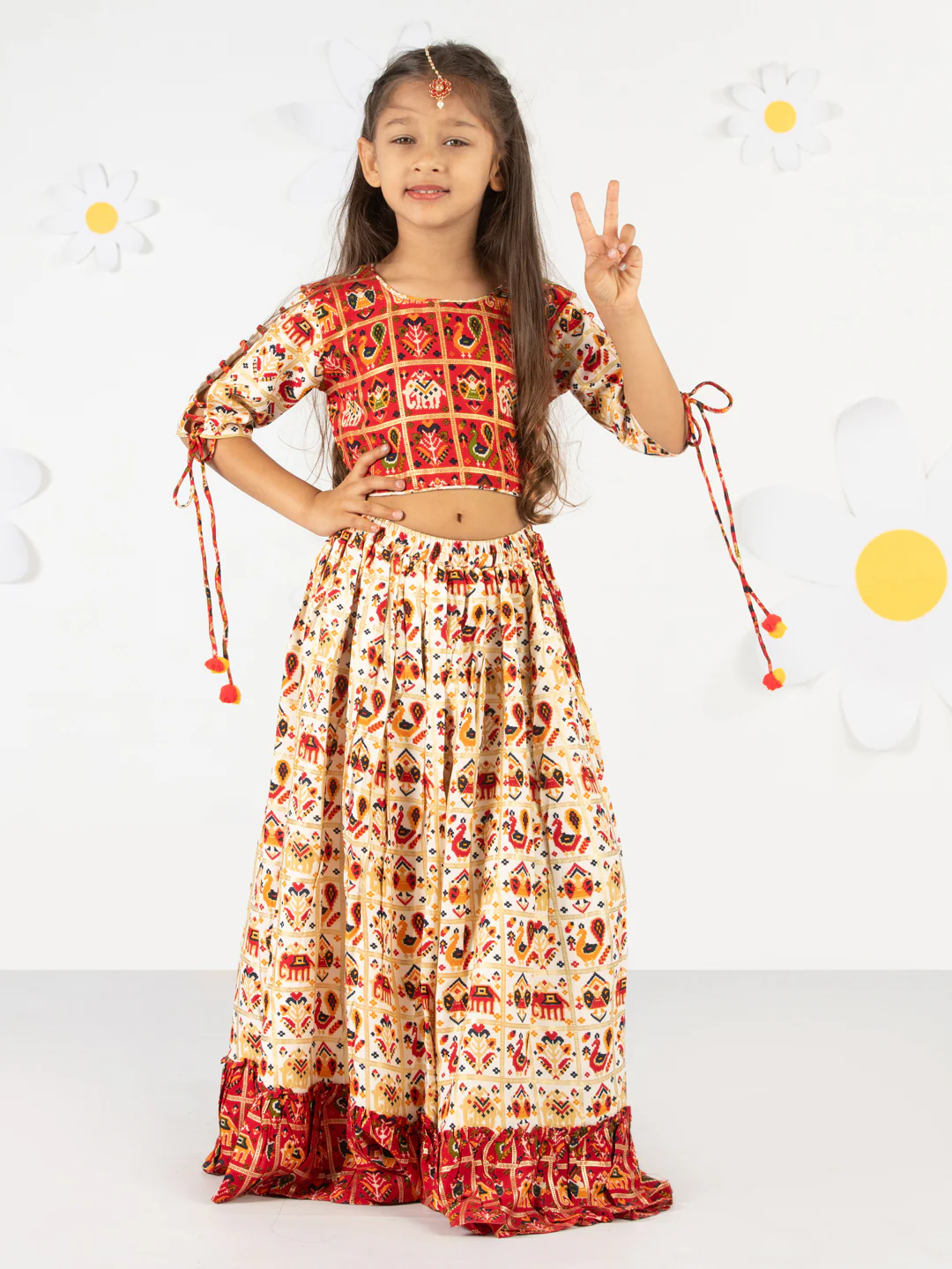 Girl's' Red And Cream Patola Print Lehenga Set - Image 6