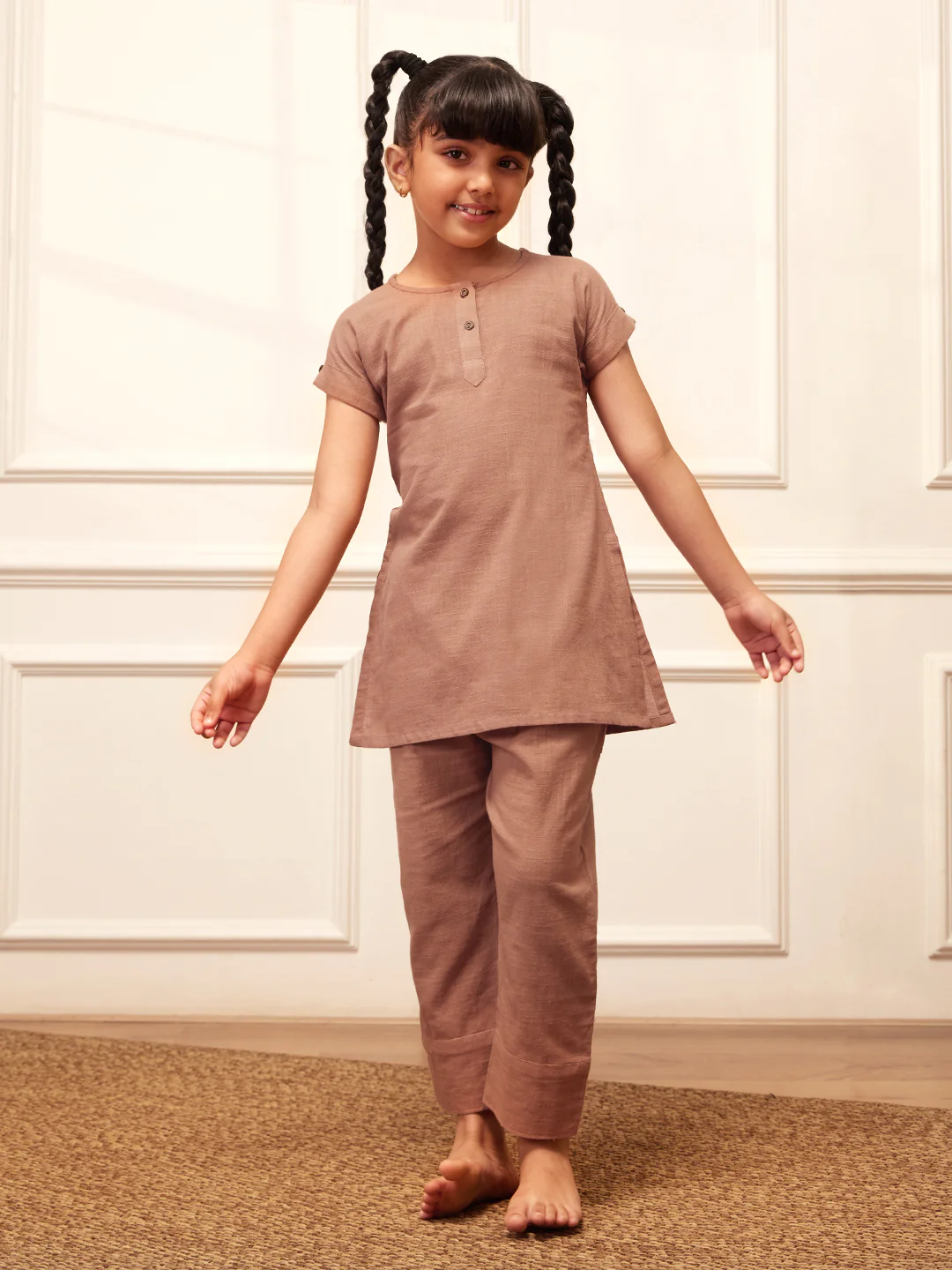 Girl's Rose Pink Cotton Yoga Kurta Set - Image 3