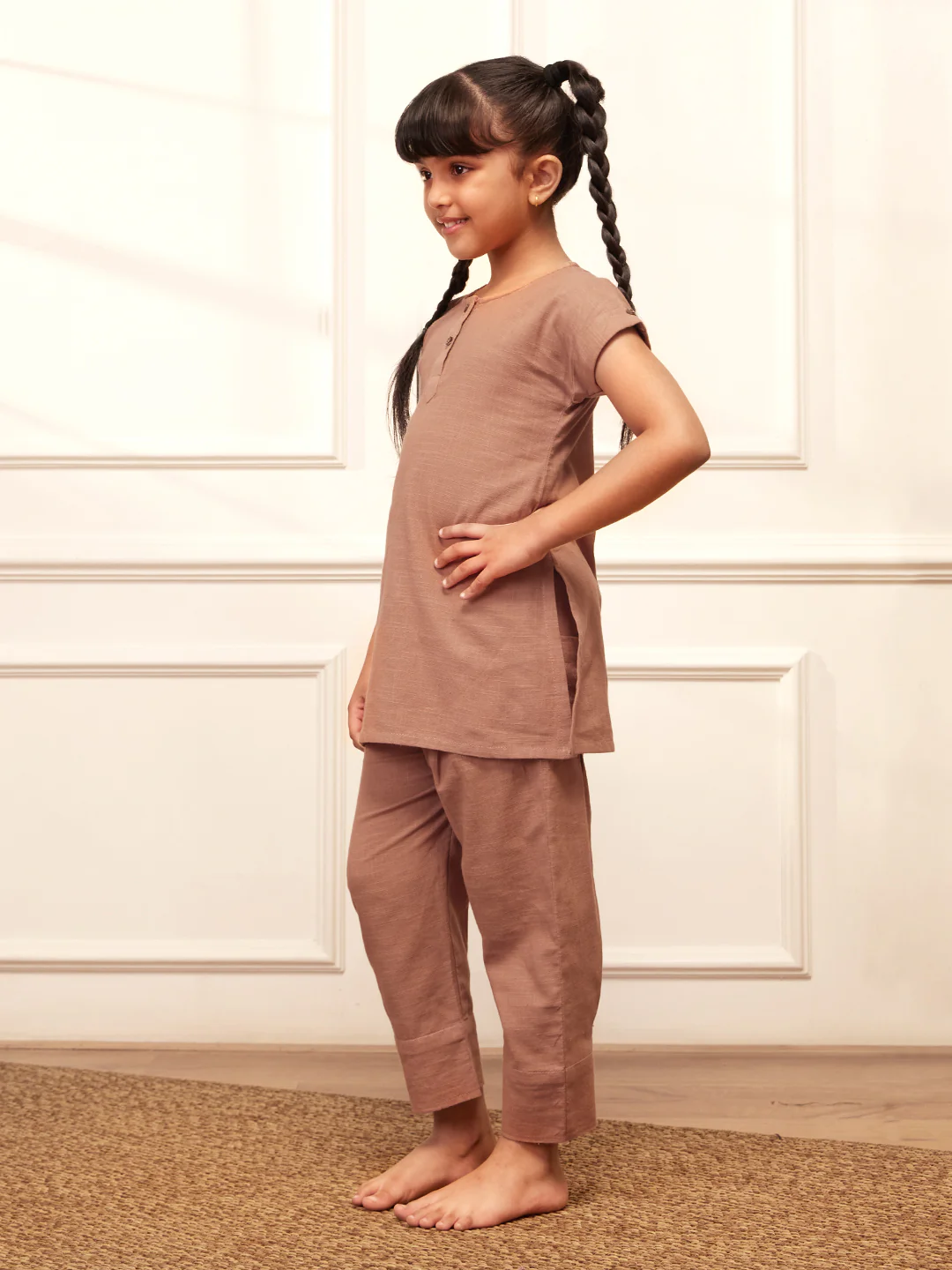 Girl's Rose Pink Cotton Yoga Kurta Set - Image 4