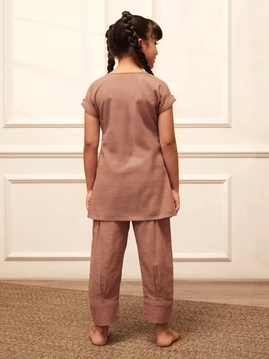 Girl's Rose Pink Cotton Yoga Kurta Set - Image 5