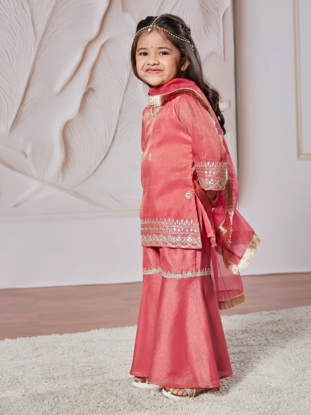 Girl's' Rose Pink Kurta Sharara And Dupatta Set - Image 3