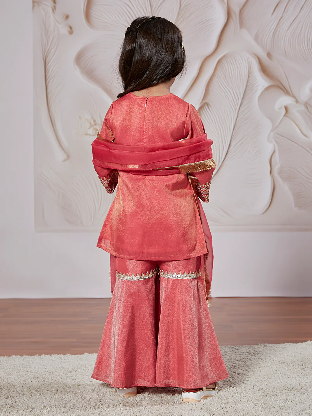 Girl's' Rose Pink Kurta Sharara And Dupatta Set - Image 4