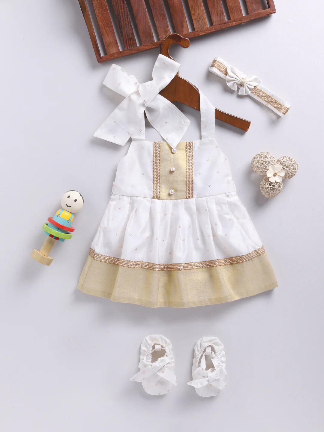 Girl's' White Frock, Shoe And Head Band
