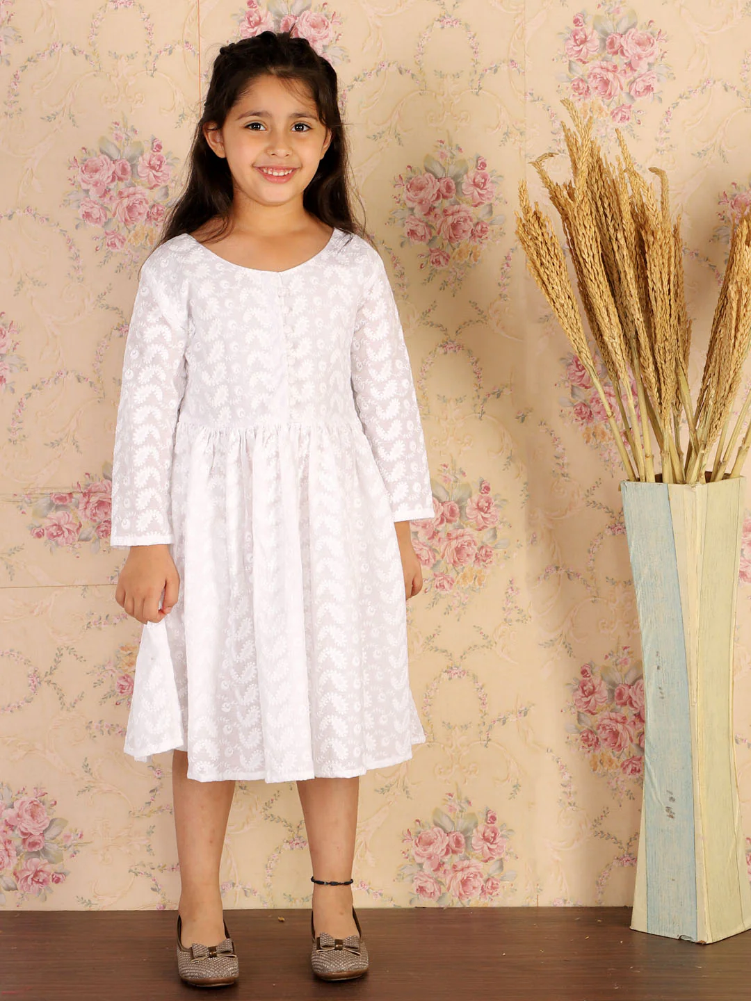 Girl's White Pure Cotton Chikankari Kurta - Image 5
