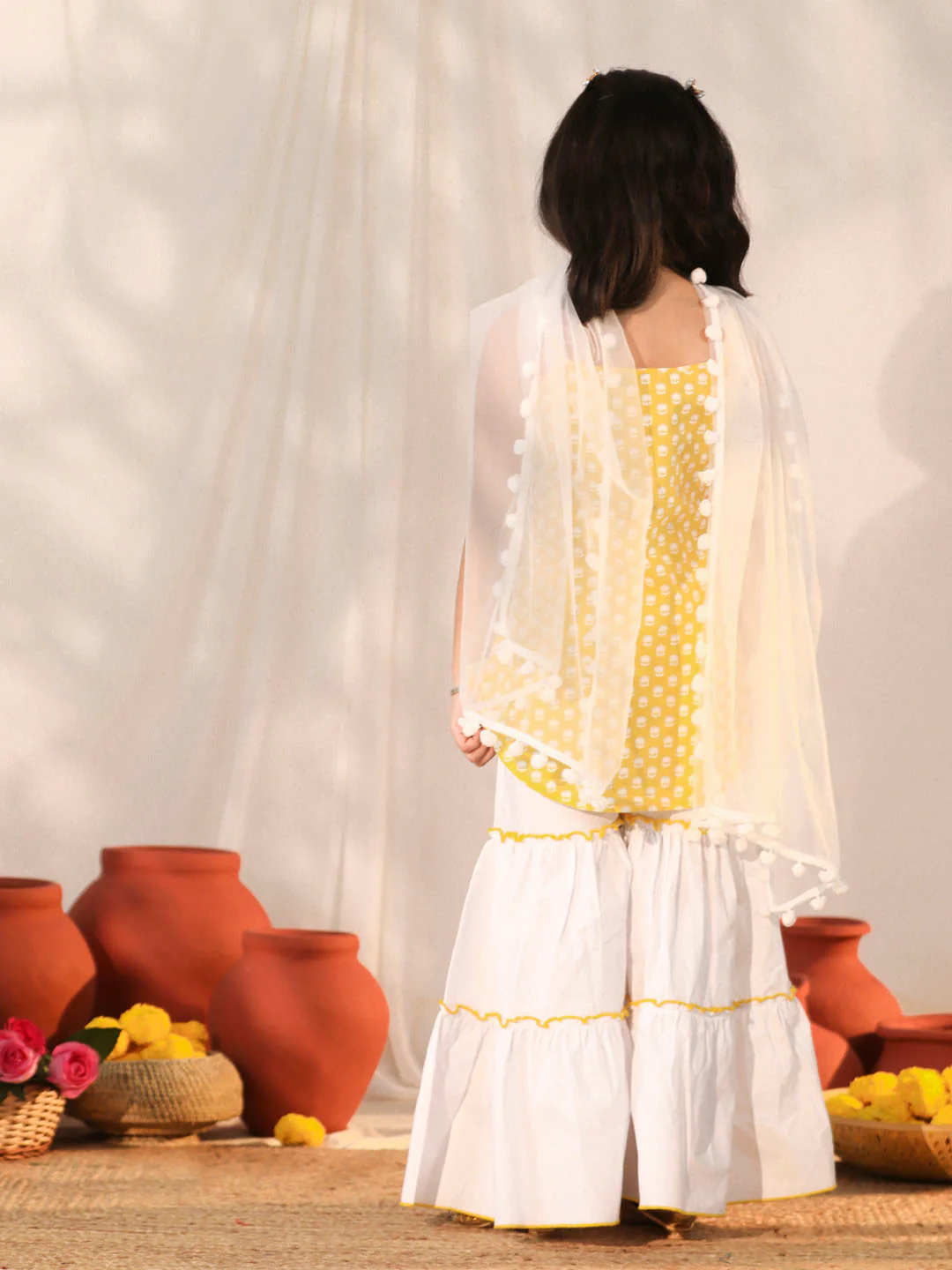 Girl's' Yellow And White Kurta, Sharara And Dupatta Set - Image 3