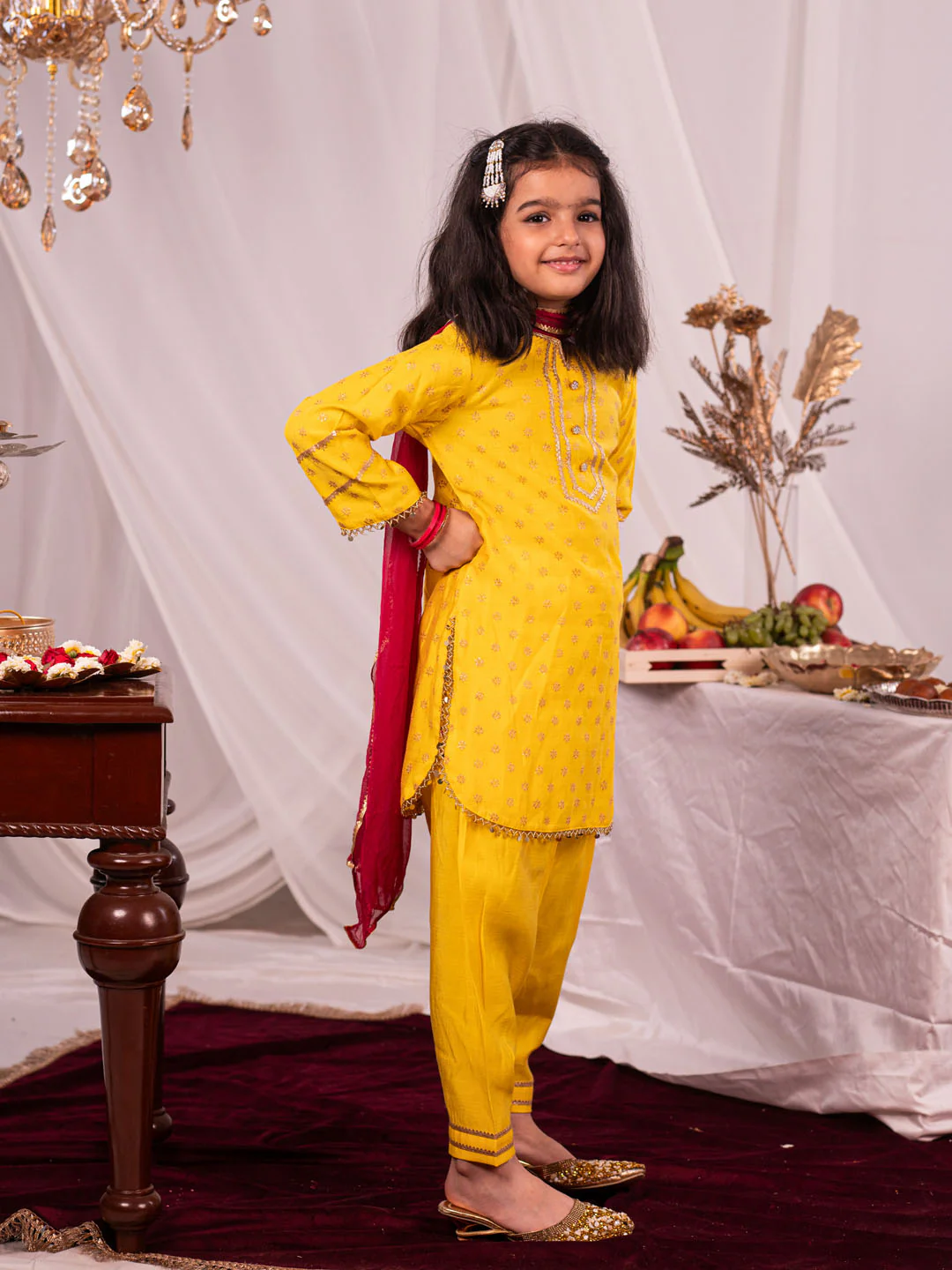Girl's Yellow Kurta Salwar And Dupatta Set - Image 2