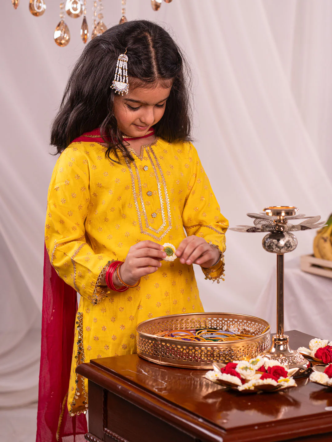 Girl's Yellow Kurta Salwar And Dupatta Set - Image 6