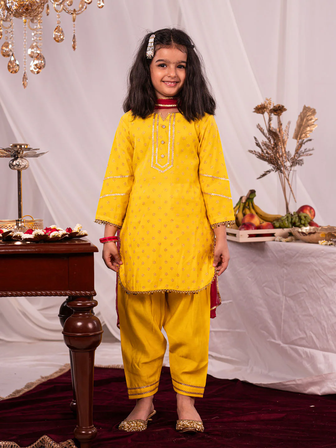 Girl's Yellow Kurta Salwar And Dupatta Set - Image 7