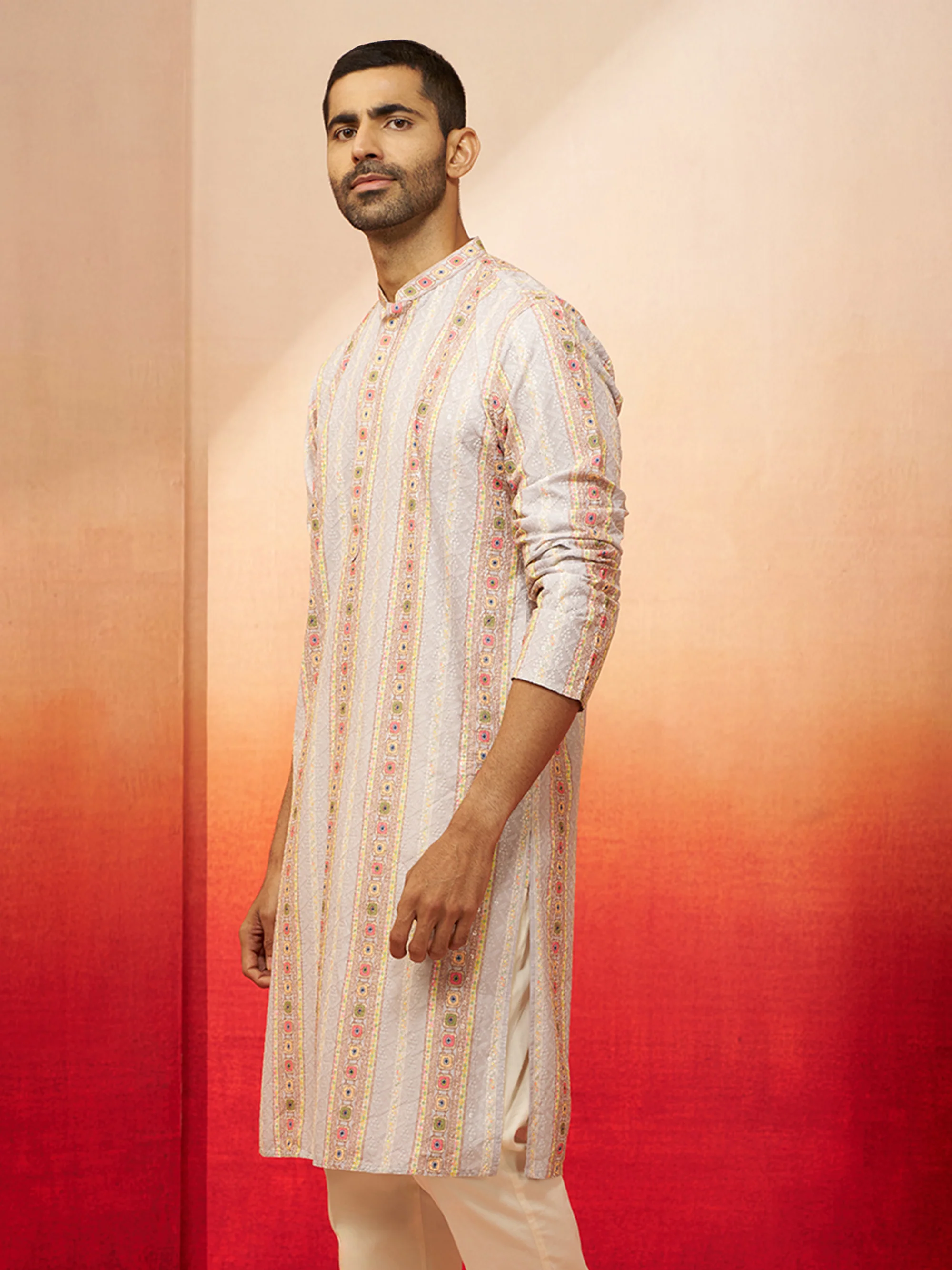 Men Grey Cotton Sequin Embroidered Kurta - Image 4