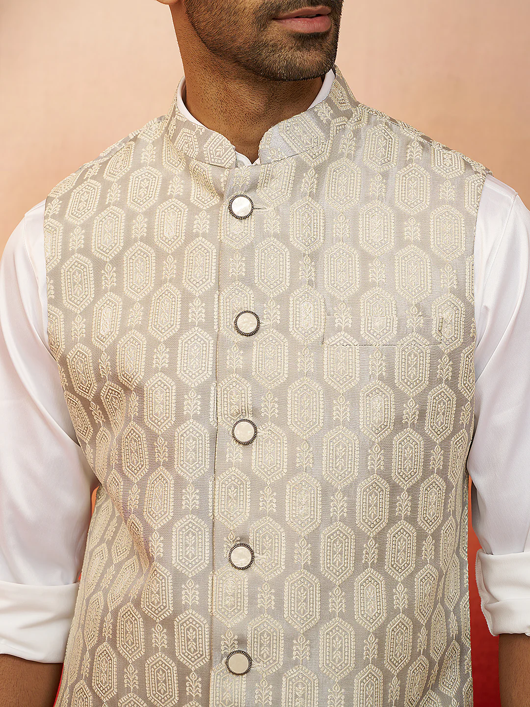 Men Grey Silk Nehru Jacket - Image 2