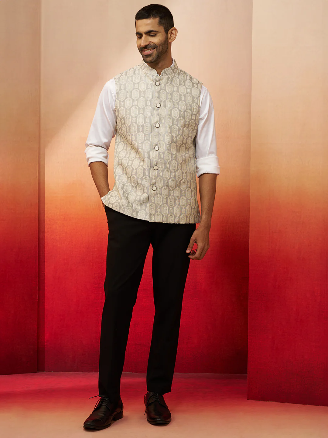 Men Grey Silk Nehru Jacket - Image 3
