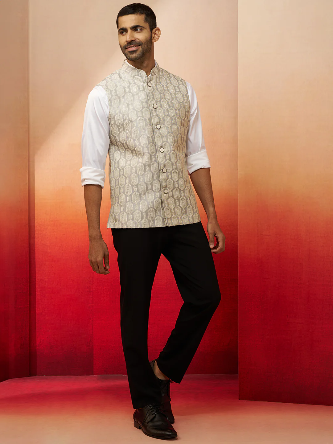Men Grey Silk Nehru Jacket - Image 4
