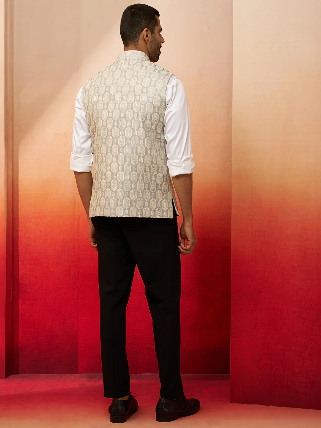 Men Grey Silk Nehru Jacket - Image 5