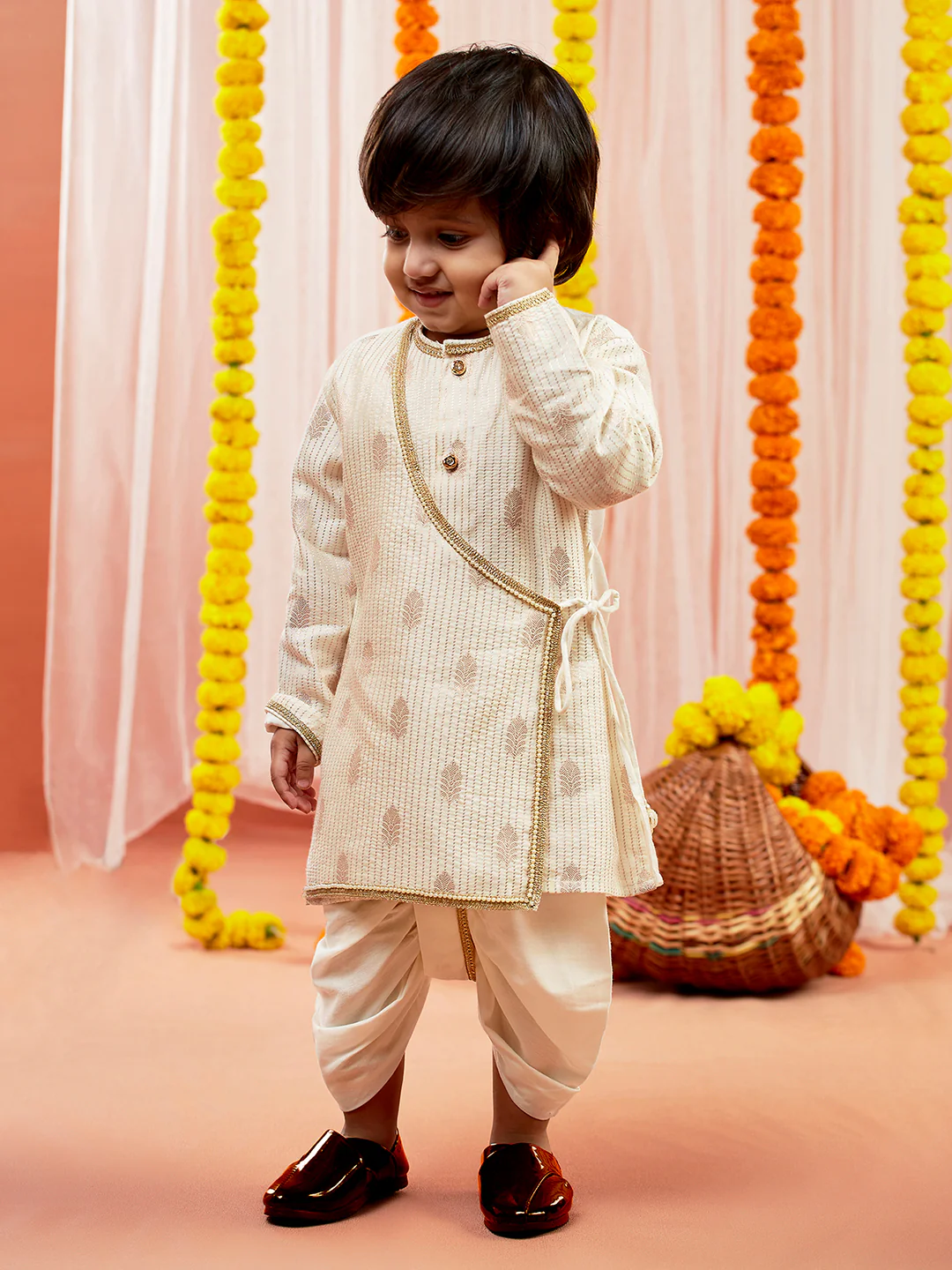 Infant Boy's Cream Silk Blend Kurta And Dhoti Set - Image 4