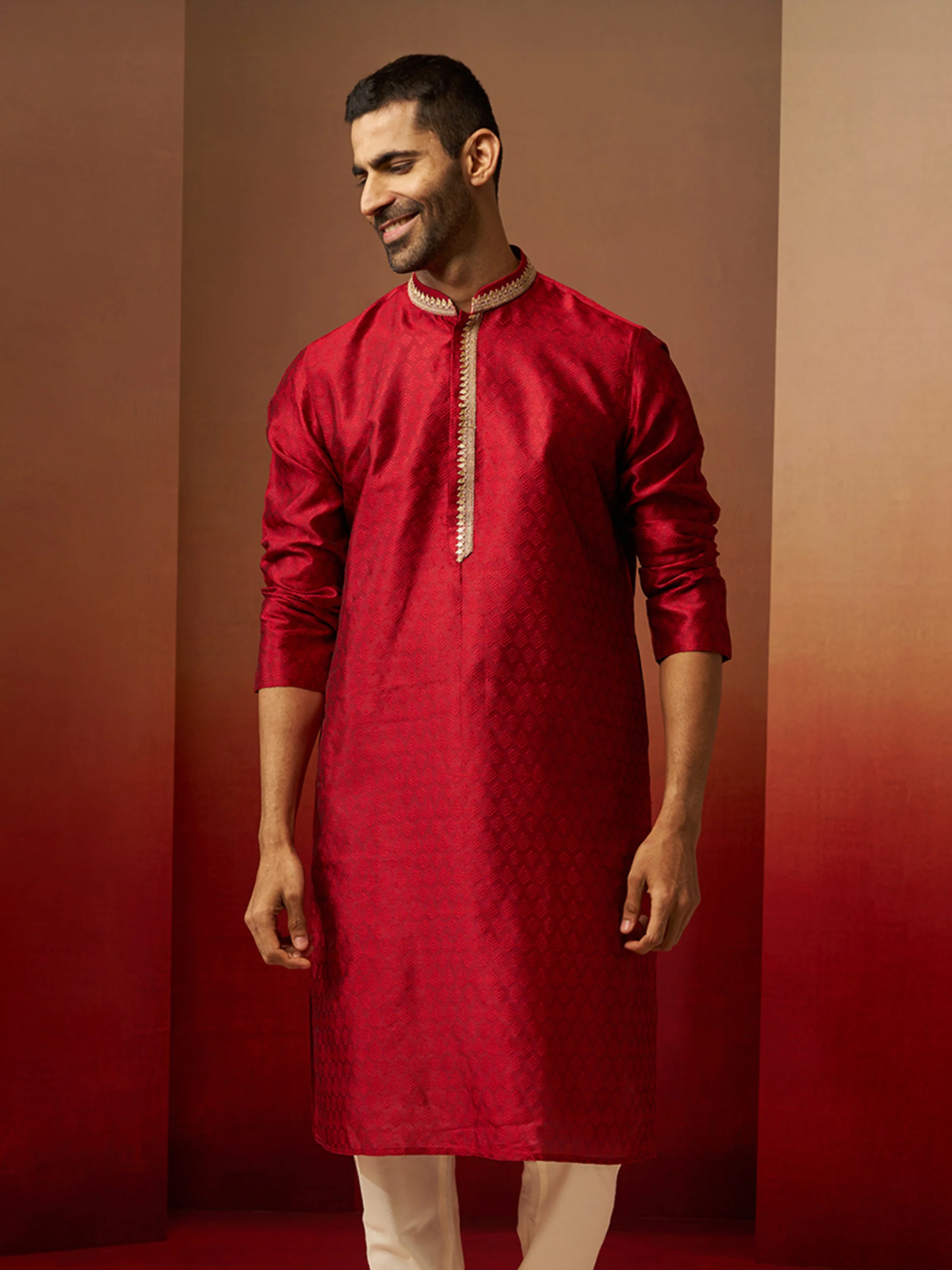 Men Maroon Silk Anmol Jacquard Kurta - Image 6