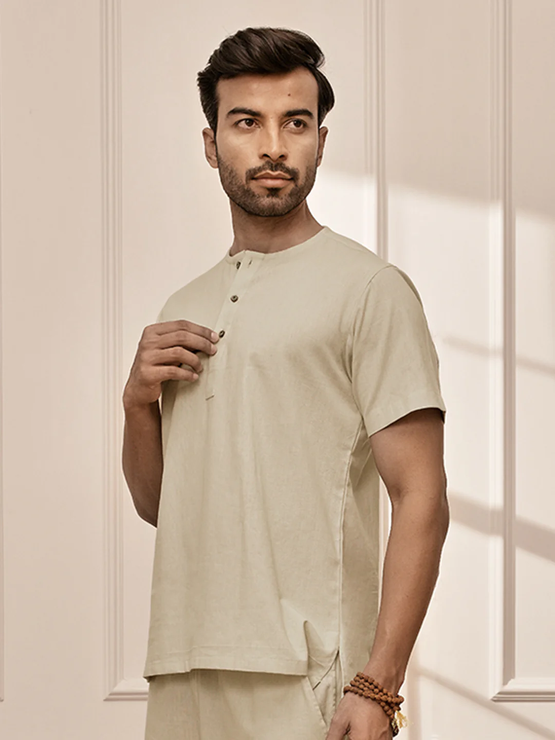 Men Beige Cotton Flex Yoga Kurta - Image 3