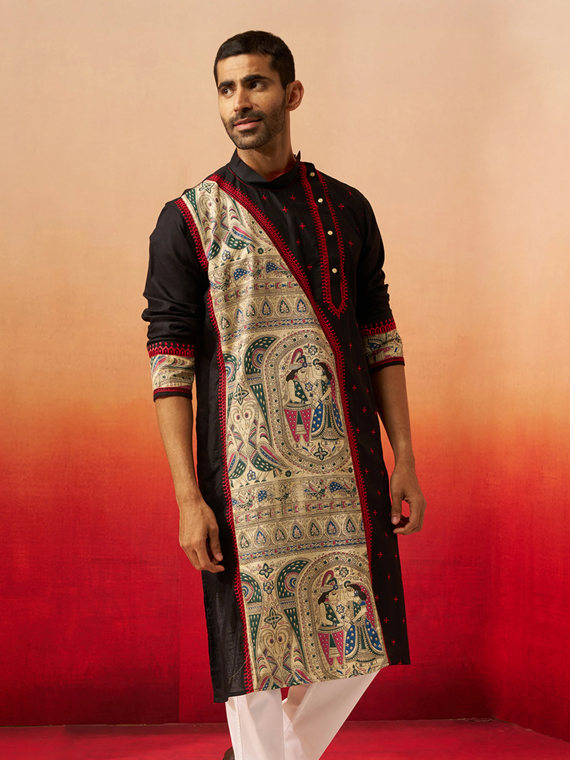 Vastramay Men Black Cotton High Neck Digital Print Kurta - Image 4