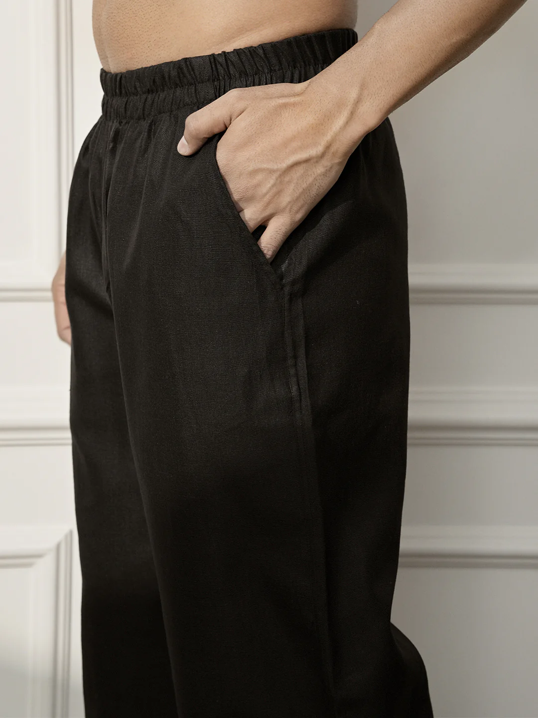 Men Black Cotton Linen Pathani Kurta With Palazzo Set - Image 6