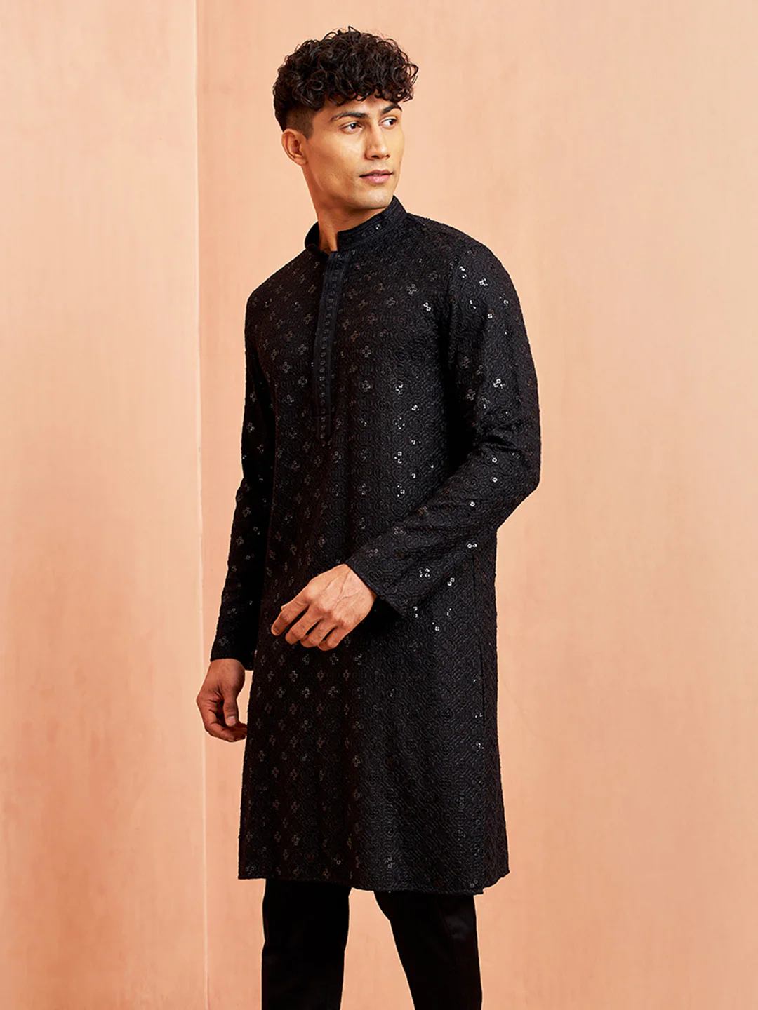 Men Black Rayon Sequin & Thread Embroidered Festive Kurta - Image 3