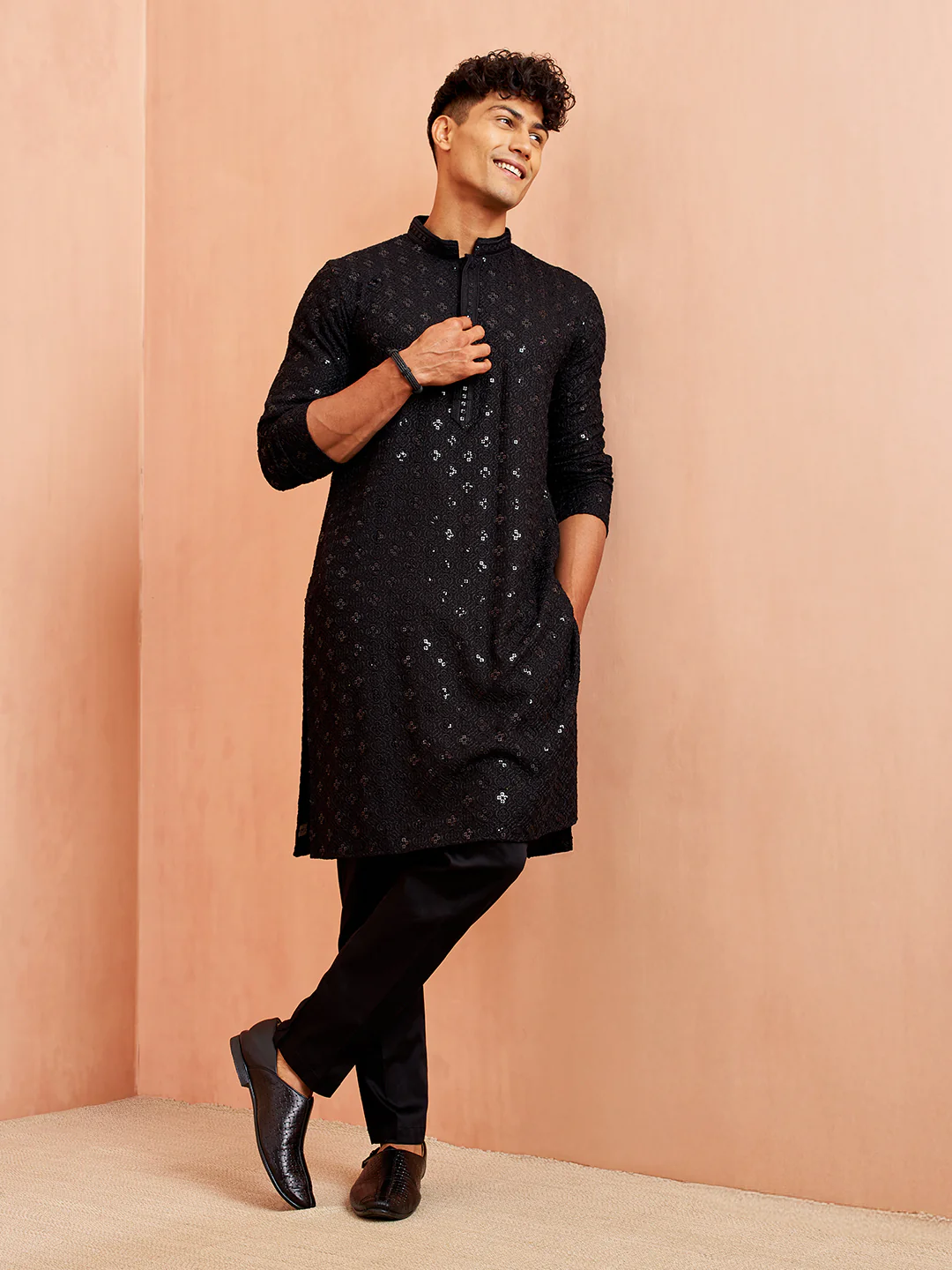 Men Black Rayon Sequin & Thread Embroidered Festive Kurta - Image 5