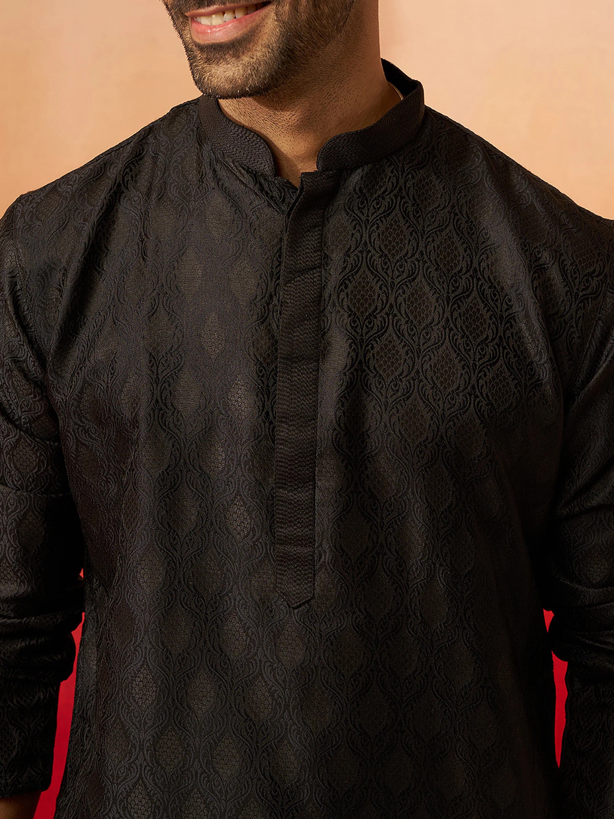 Vastramay Men Black Silk Fancy Jacquard Kurta - Image 2