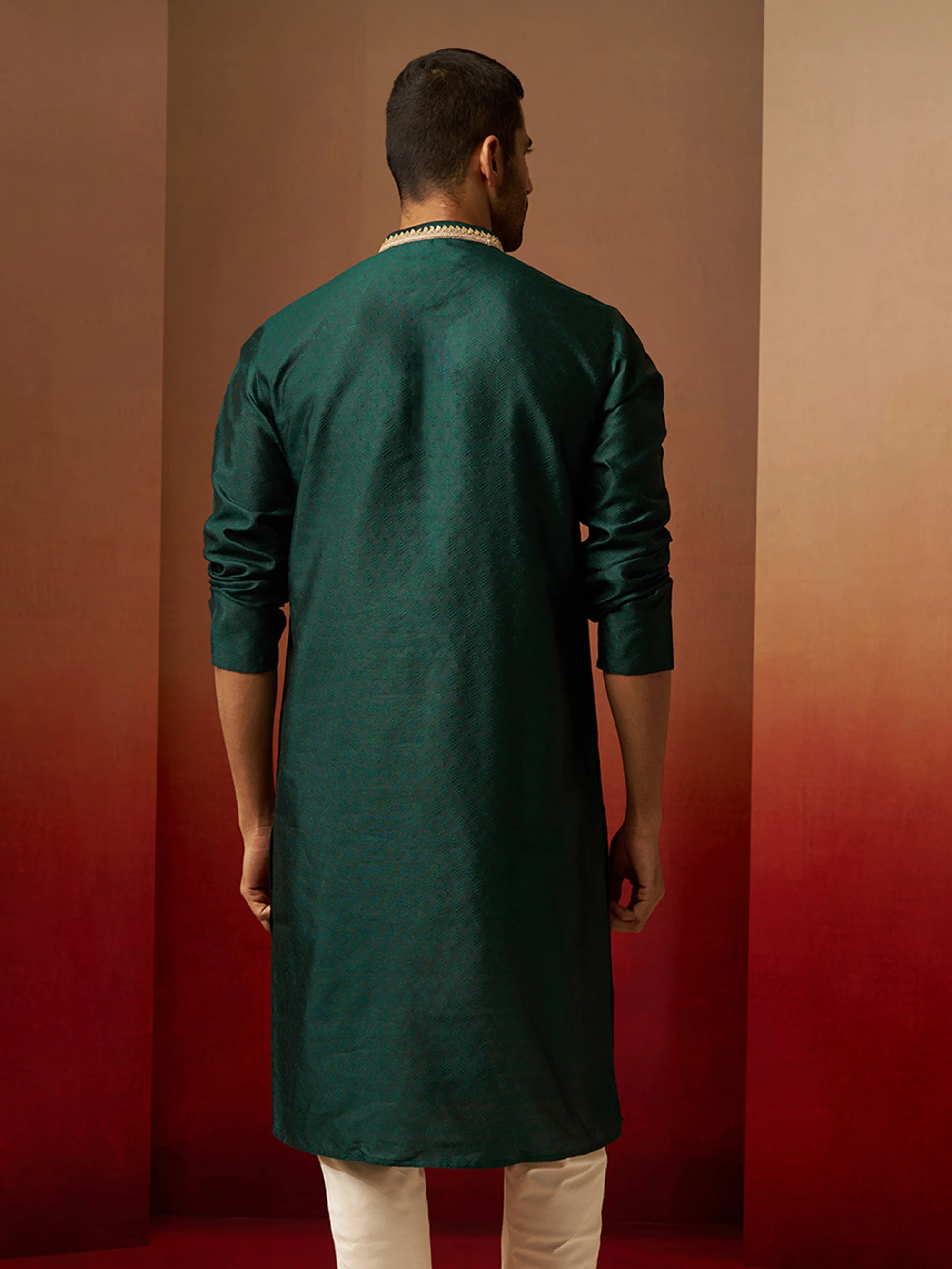 Vastramay Men Bottle Green Silk Anmol Jacquard Kurta - Image 5