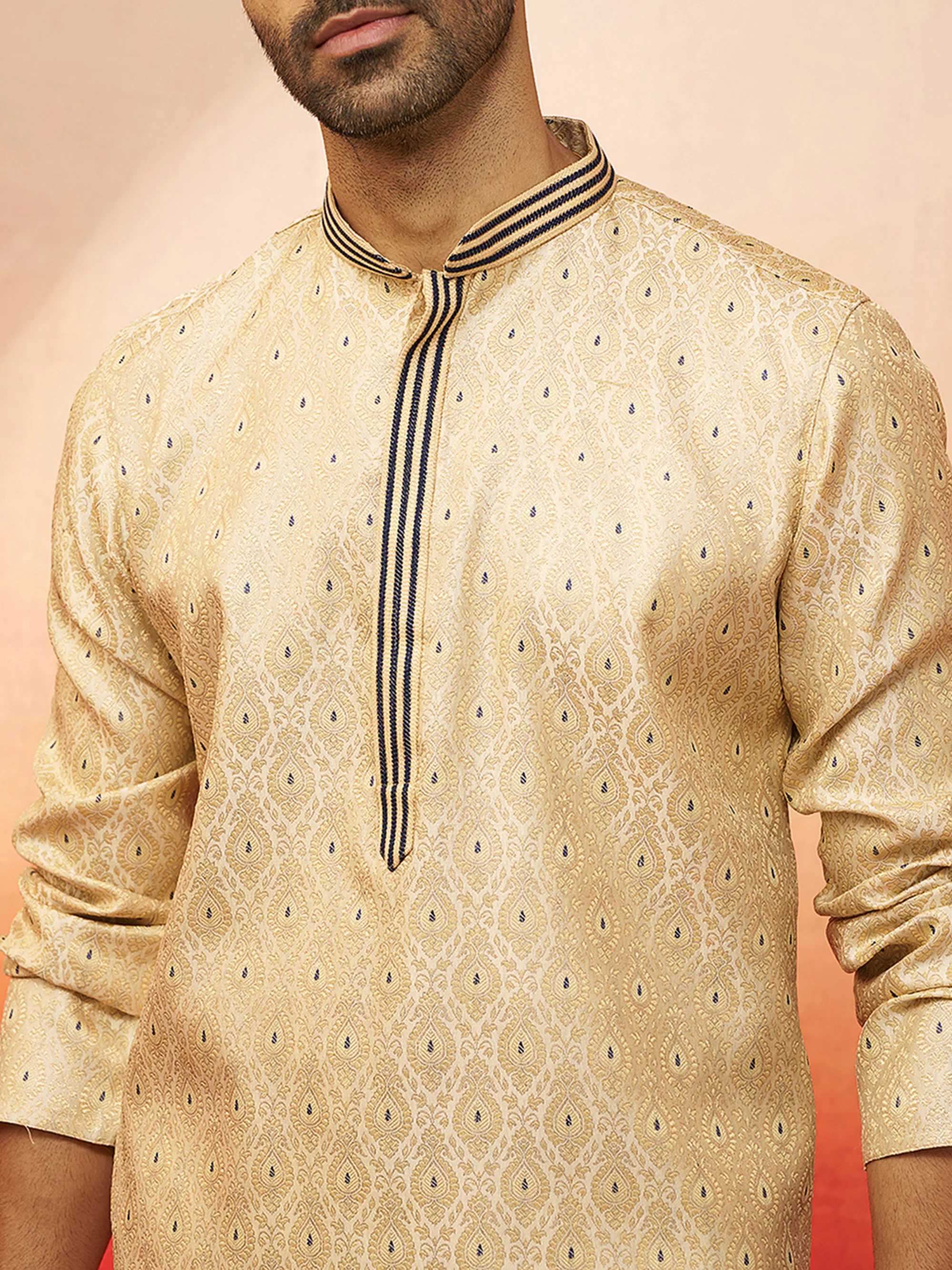 Vastramay Men Cream Royal Blue Silk Jacquard Kurta - Image 2