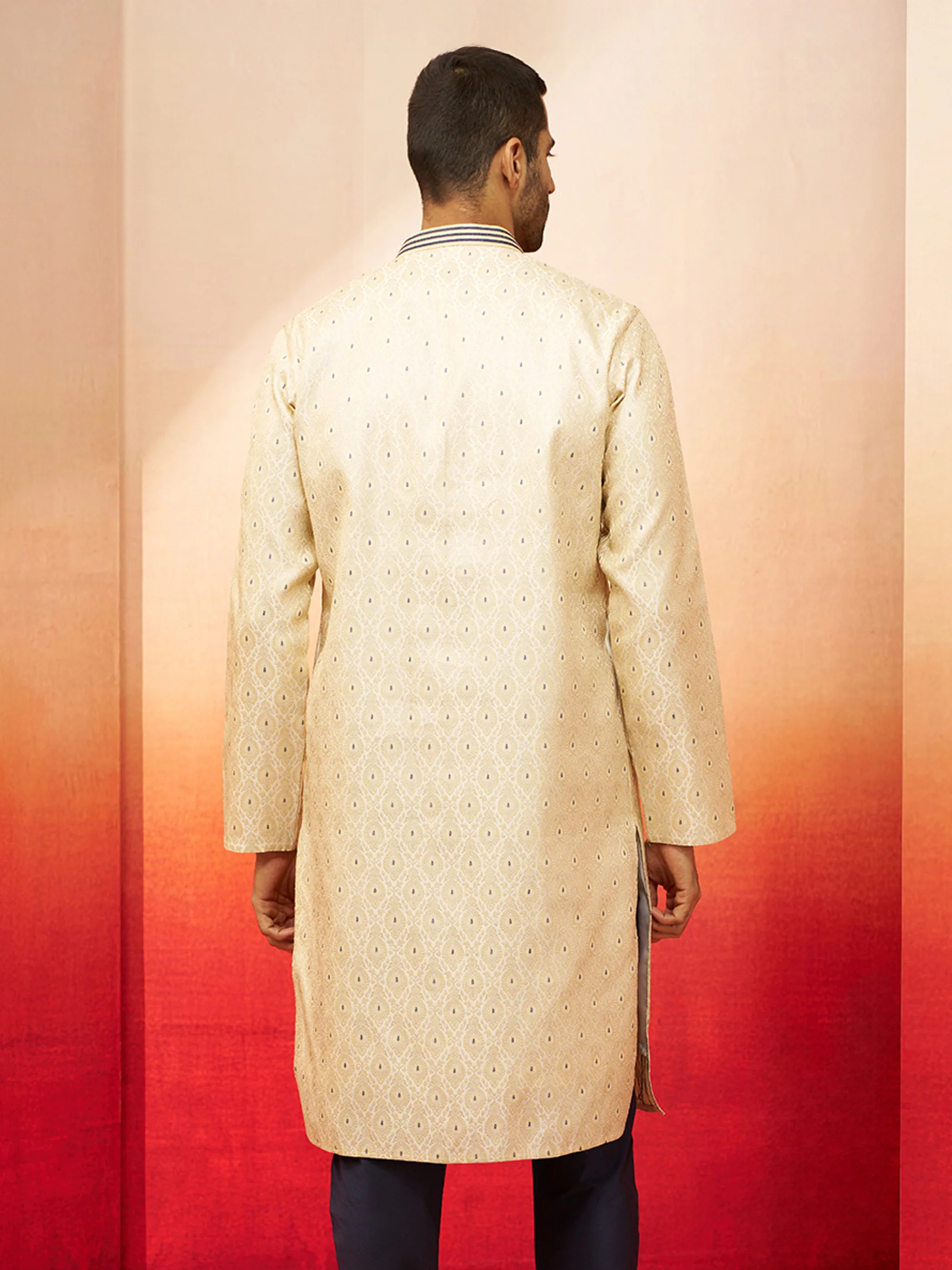 Vastramay Men Cream Royal Blue Silk Jacquard Kurta - Image 5