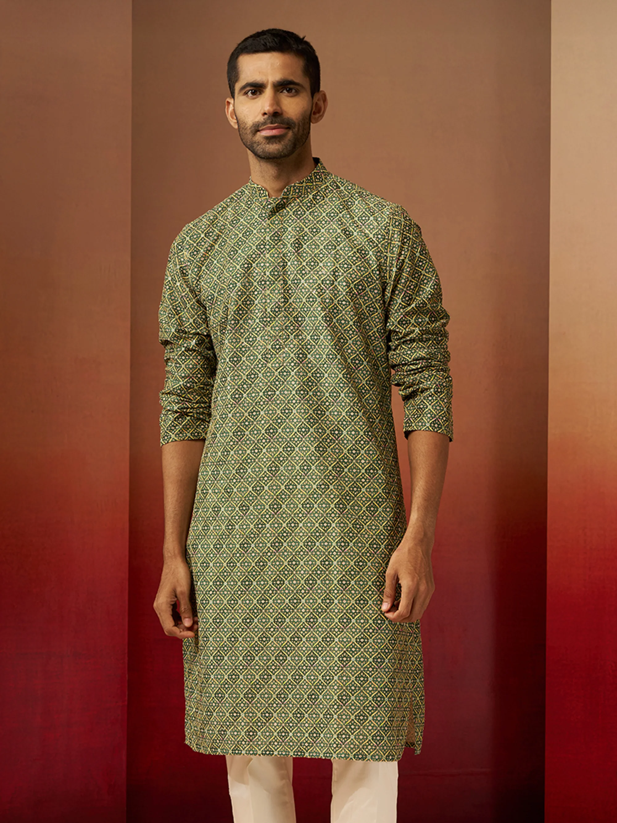 Vastramay Men Green Cotton Gems Work Kurta - Image 3