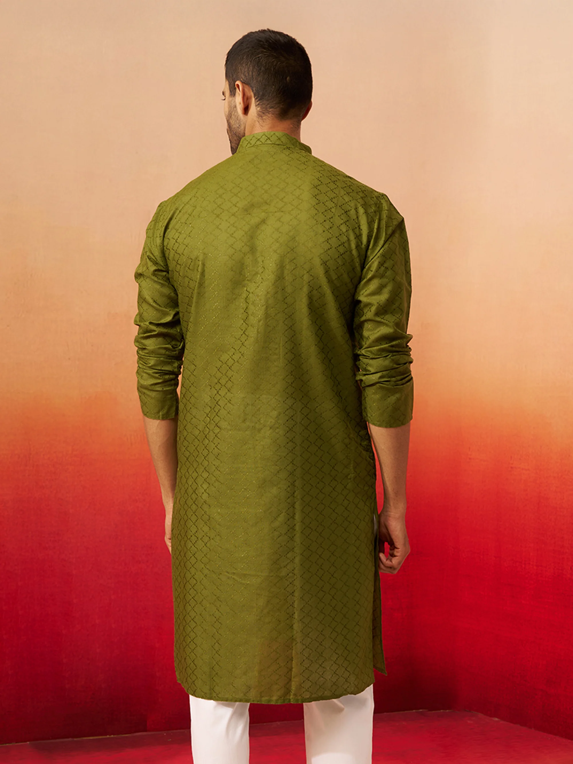 Men Mehendi Green Cotton Geometric Jacquard Kurta - Image 5