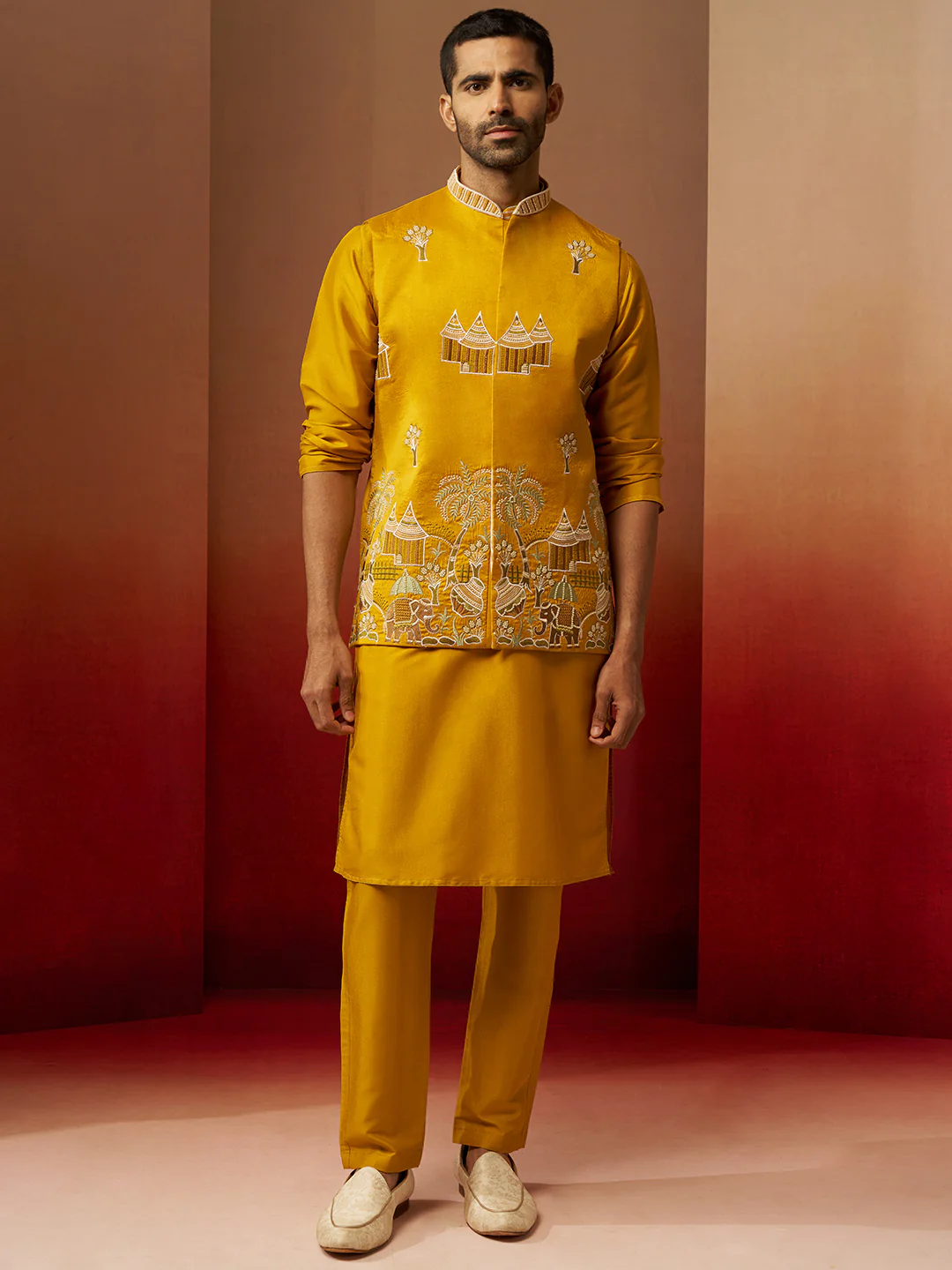 Men Mustard Silk 3-Piece Nehru Jacket Set - Image 3