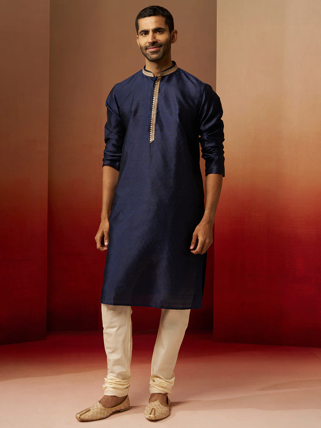Vastramay Men Navy Blue Silk Anmol Jacquard Kurta - Image 6