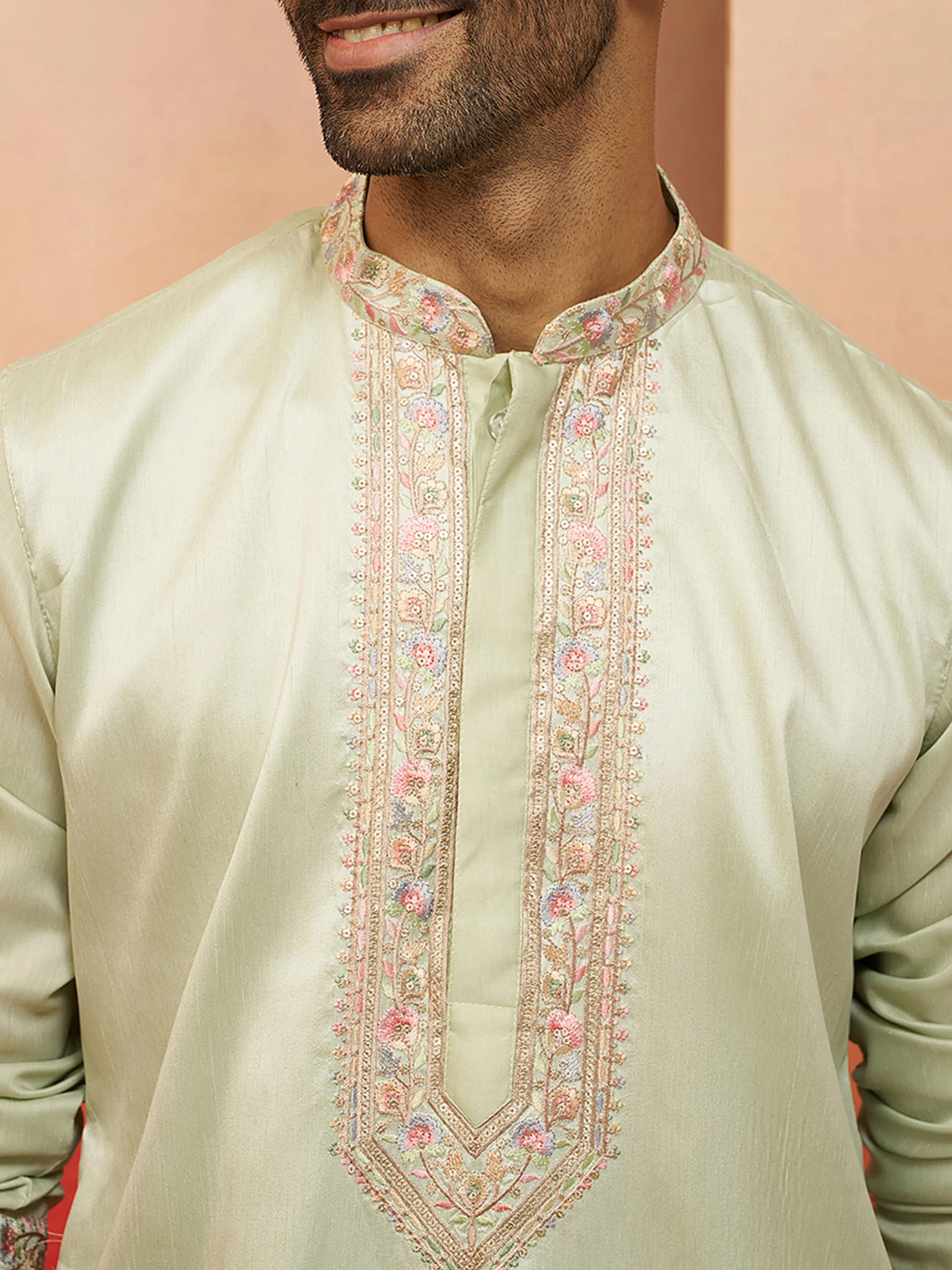 Vastramay Men Pista Green Silk Embroidered Mid Kurta - Image 2