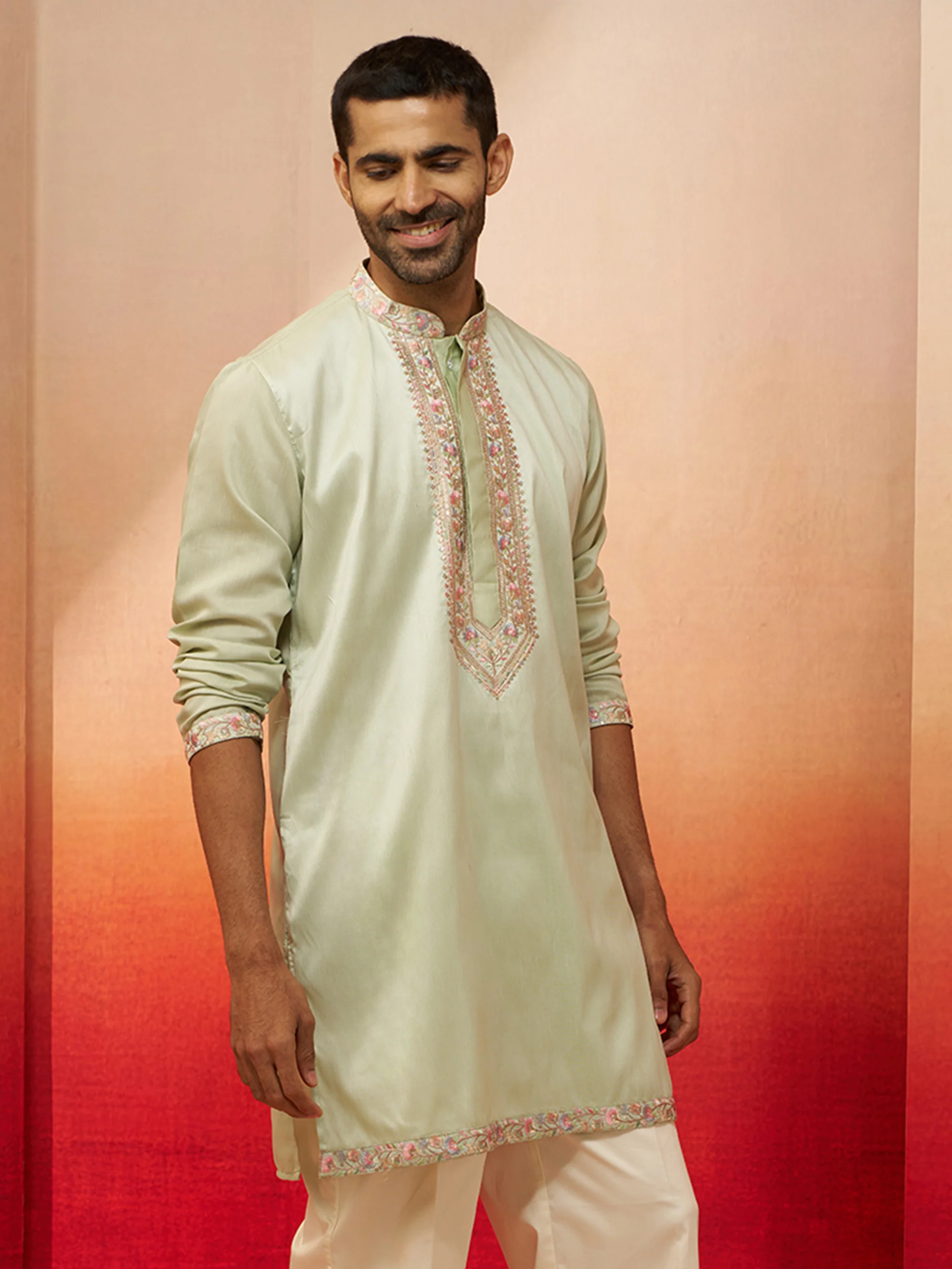 Vastramay Men Pista Green Silk Embroidered Mid Kurta - Image 3