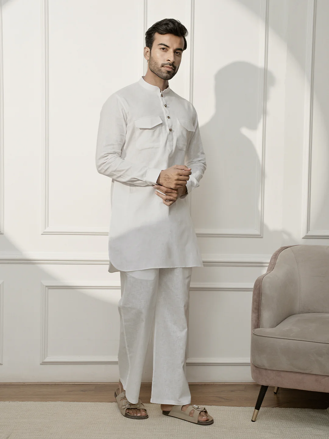 Men White Cotton Linen Pathani Kurta With Palazzo Set - Image 4