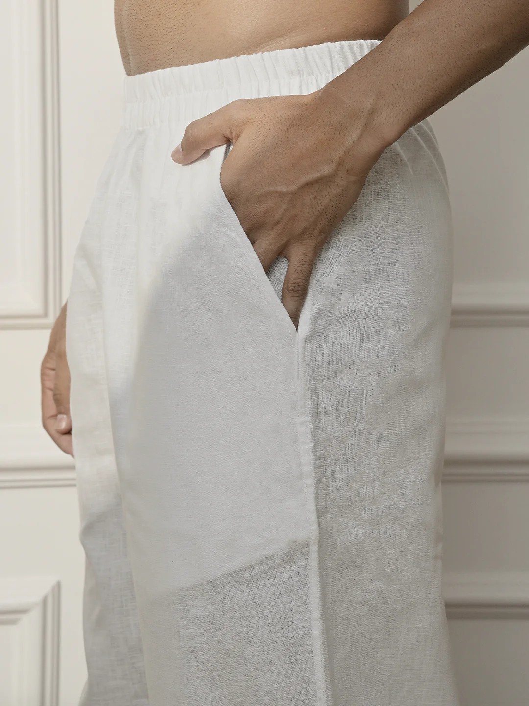 Men White Cotton Linen Pathani Kurta With Palazzo Set - Image 6